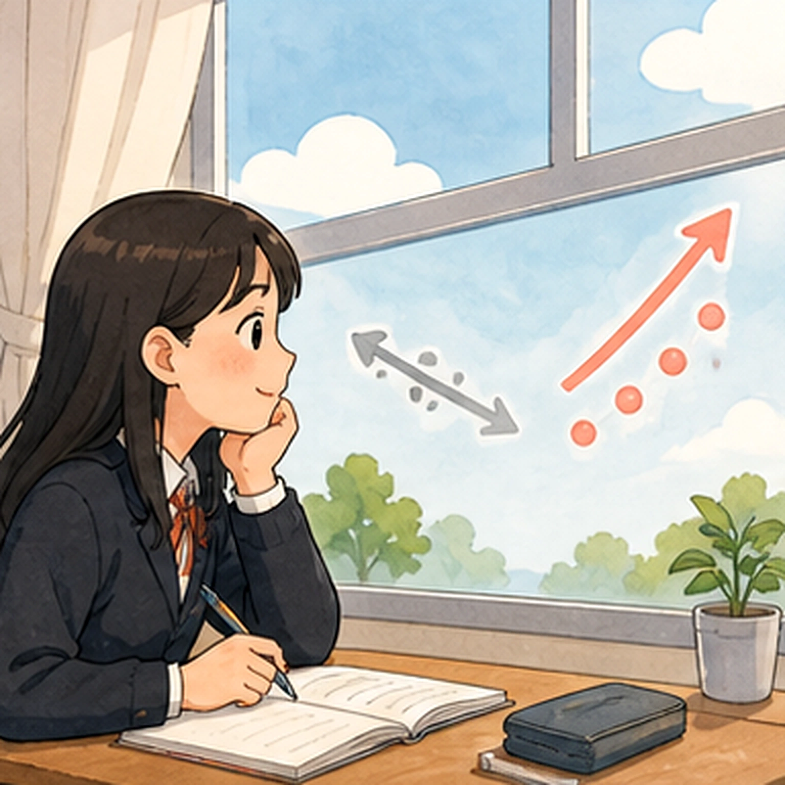 창가에서 학생이 줄어드는 화살표와 커지는 화살표를 비교하며 문맥 방향을 생각하는 손그림 장면