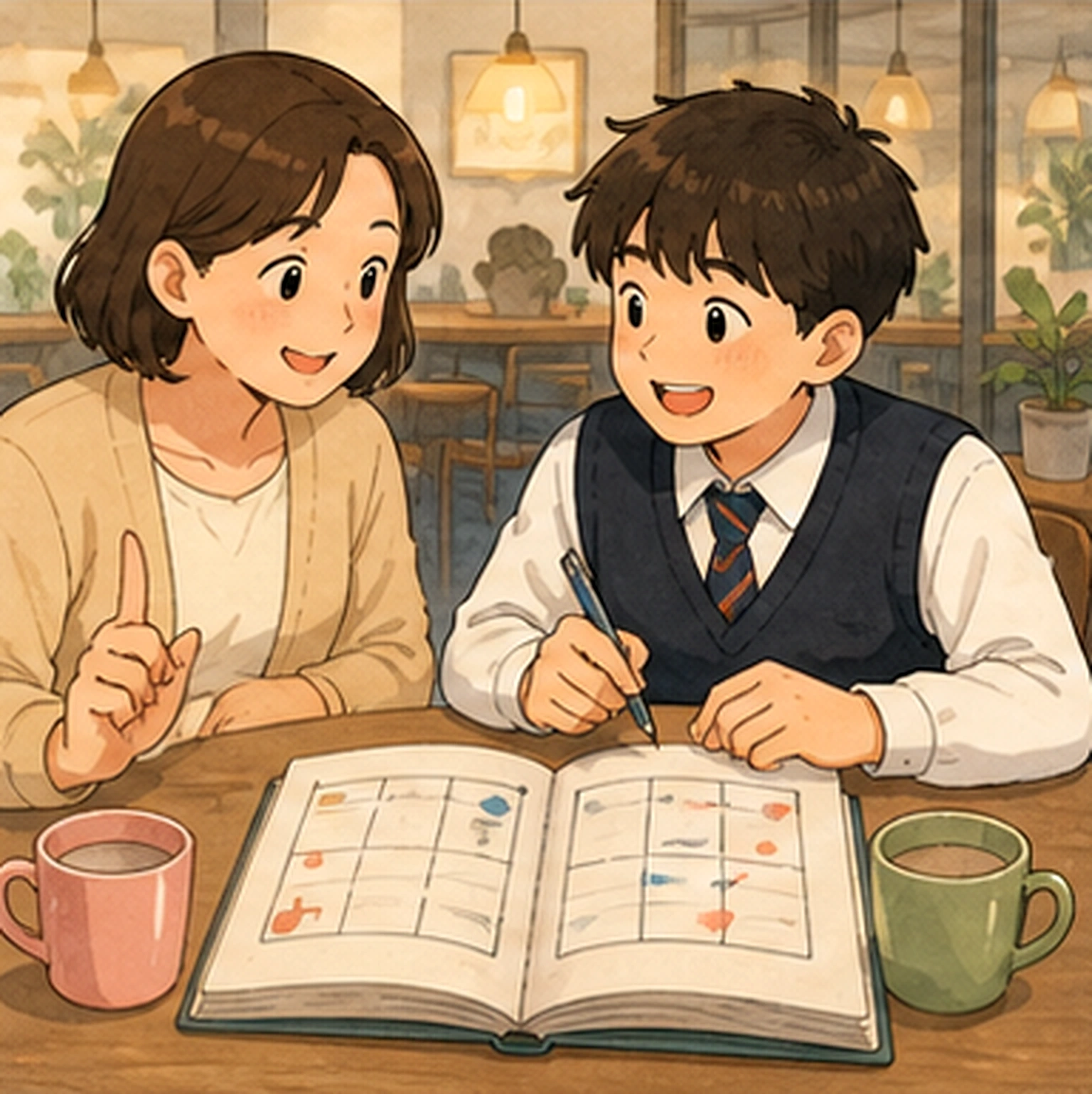카페에서 학부모와 학생이 과천외고 영어 공부 계획을 함께 확인하는 손그림 장면