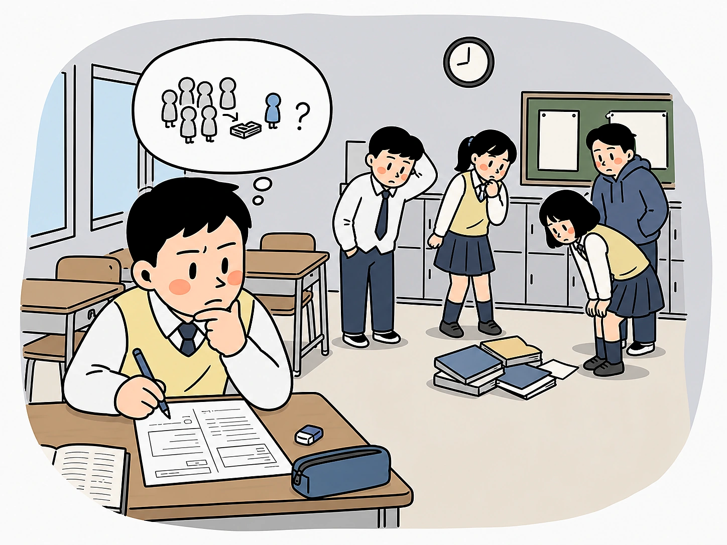 익명화된 시험지와 형광펜 위에 방관자 효과 상황을 상징하는 손그림 장면