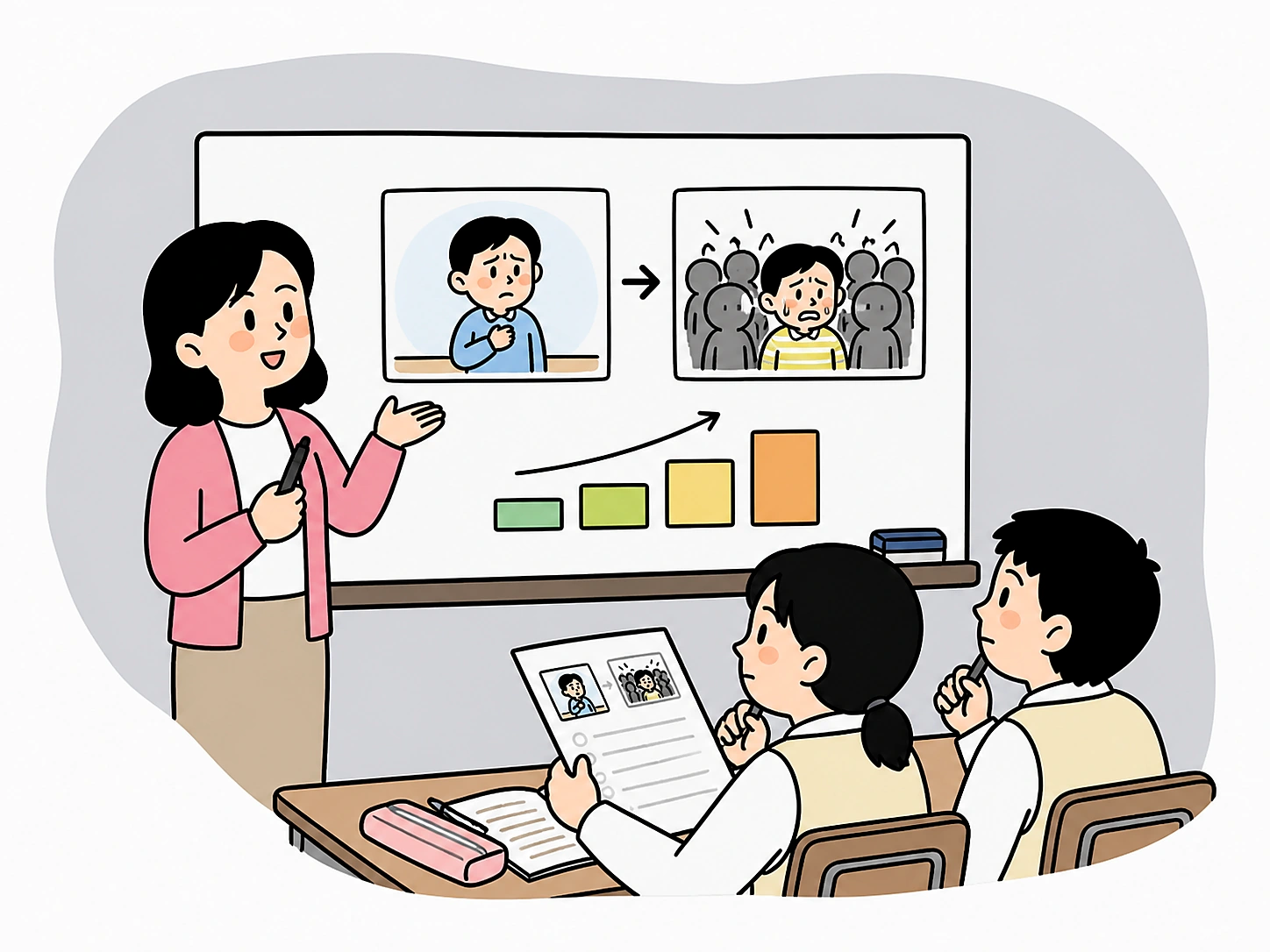 교실에서 선생님이 읽을 수 없는 막대그래프를 가리키며 주제 문항의 수치 근거를 설명하는 손그림 장면