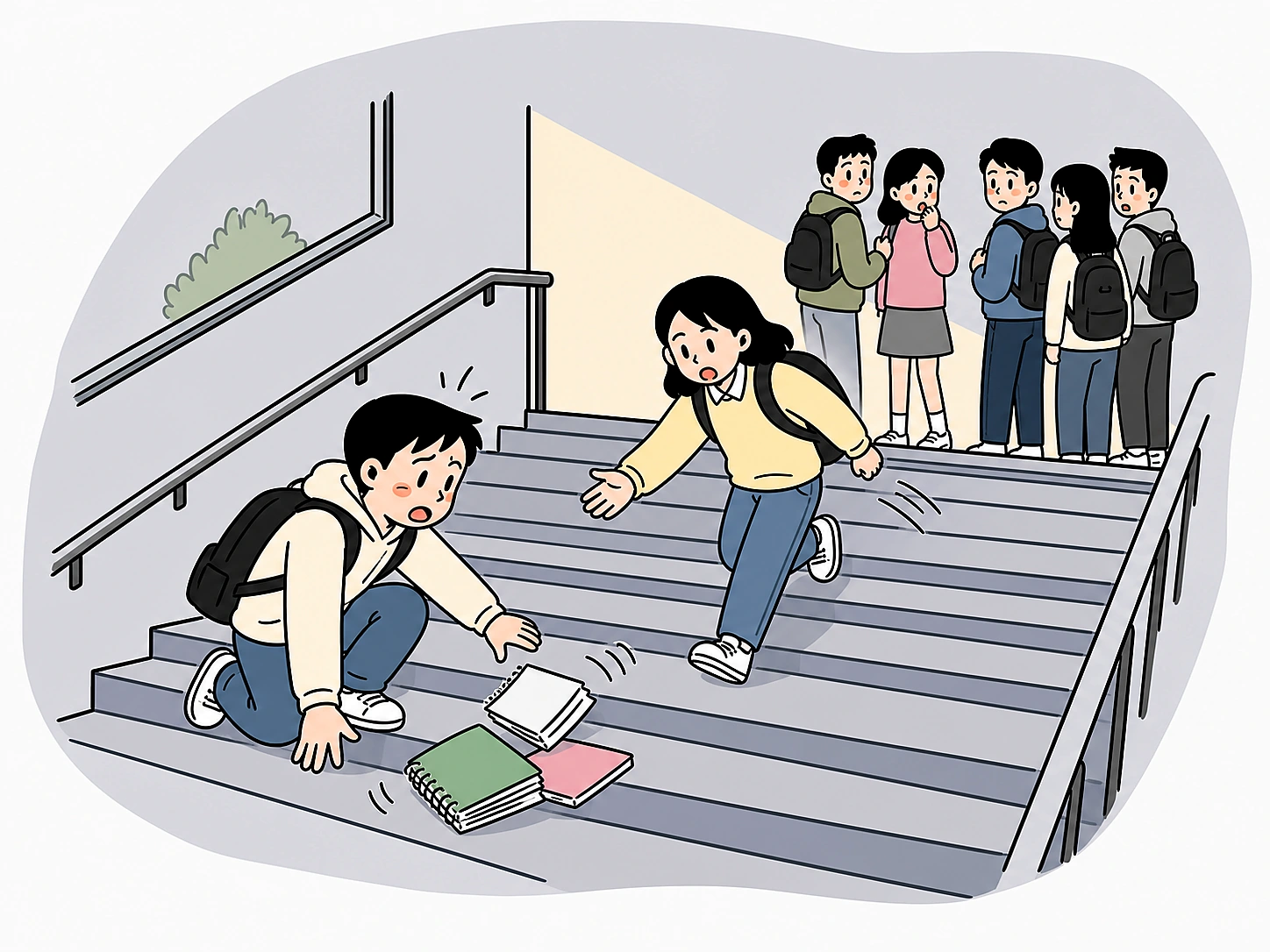 복도 비상 상황에서 여러 학생이 망설이고 한 행동 경로가 상징적으로 표시된 비식별 문항 구조 손그림