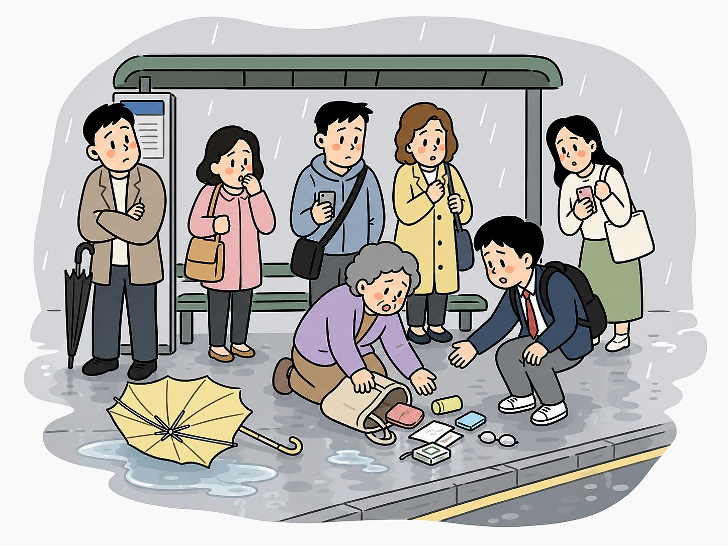 여러 사람 그림에서 책임 구름으로 화살표가 분산되는 모습을 학생이 노트에 그리는 손그림 장면