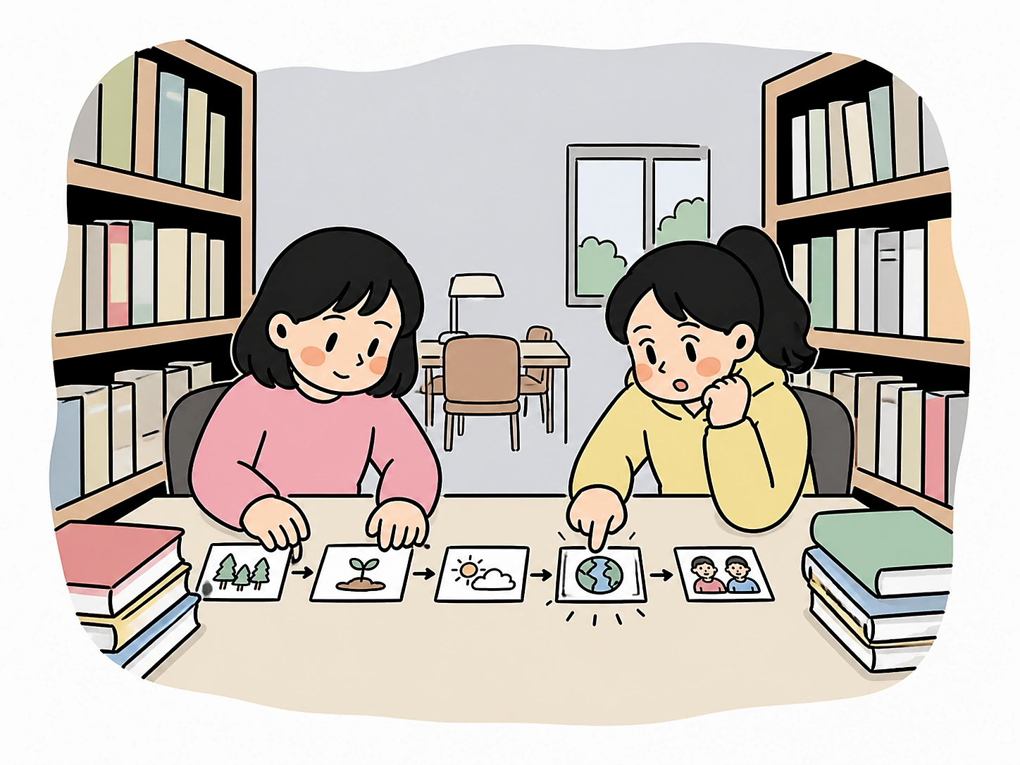 도서관에서 학생들이 읽을 수 없는 주제 선택지 카드를 분류하는 손그림 장면