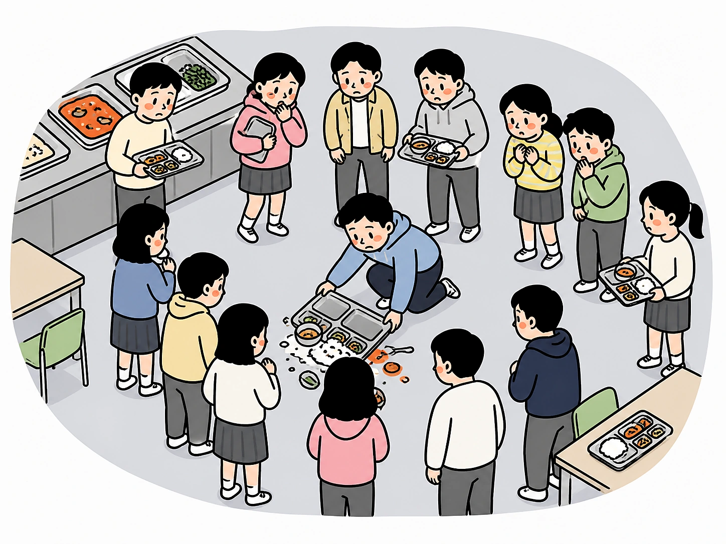 위에서 내려다본 여러 학생이 경고 지점 주변에서 서로 눈치를 보는 손그림 장면