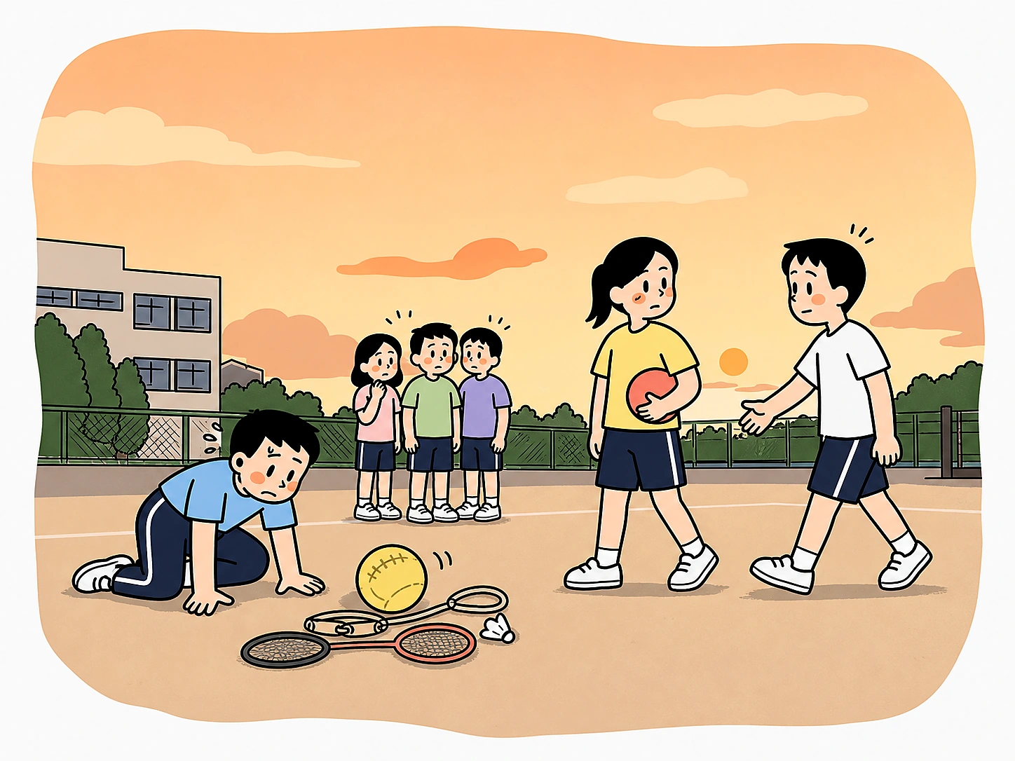 학교 동아리 회의에서 문제 카드가 놓여 있지만 여러 학생이 서로 눈치를 보는 손그림 장면