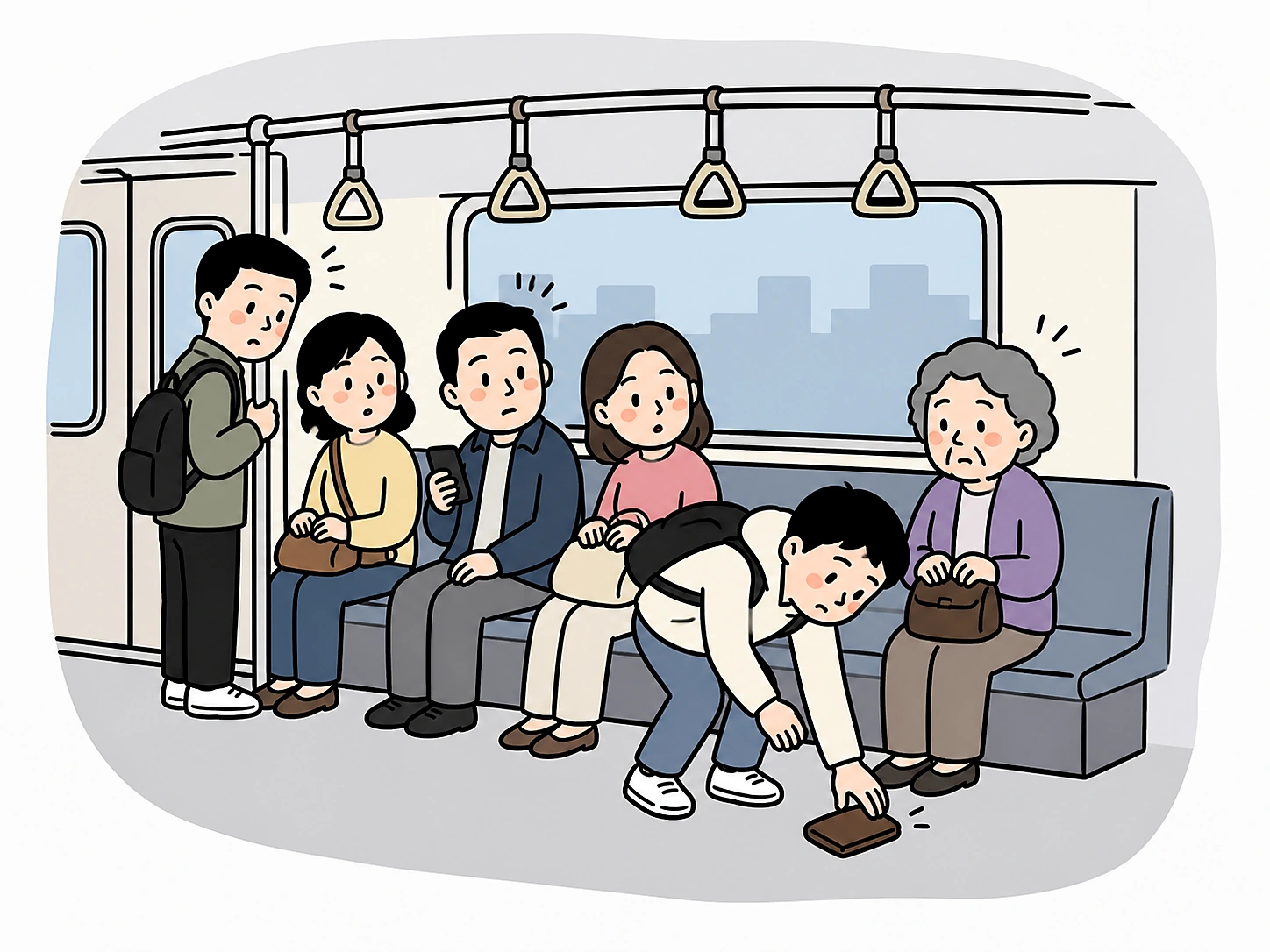 한 명의 목격자가 행동하는 장면과 여러 목격자가 멈춰 있는 장면을 대비한 손그림