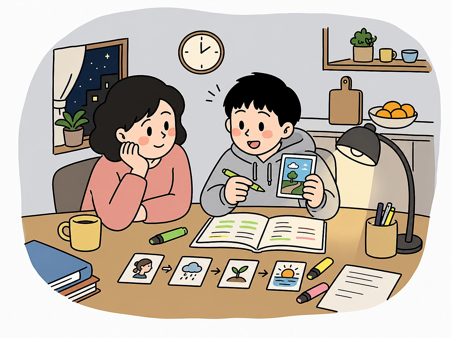 학부모와 학생이 체크리스트로 주제 문항 복습 기준을 확인하는 손그림 장면