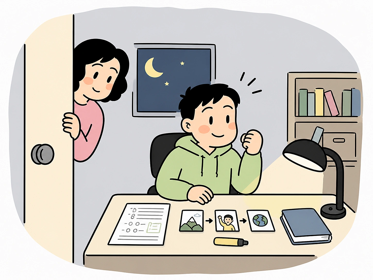 밤 공부 책상에서 학생이 오답노트에 주제문 요약을 쓰는 손그림 장면