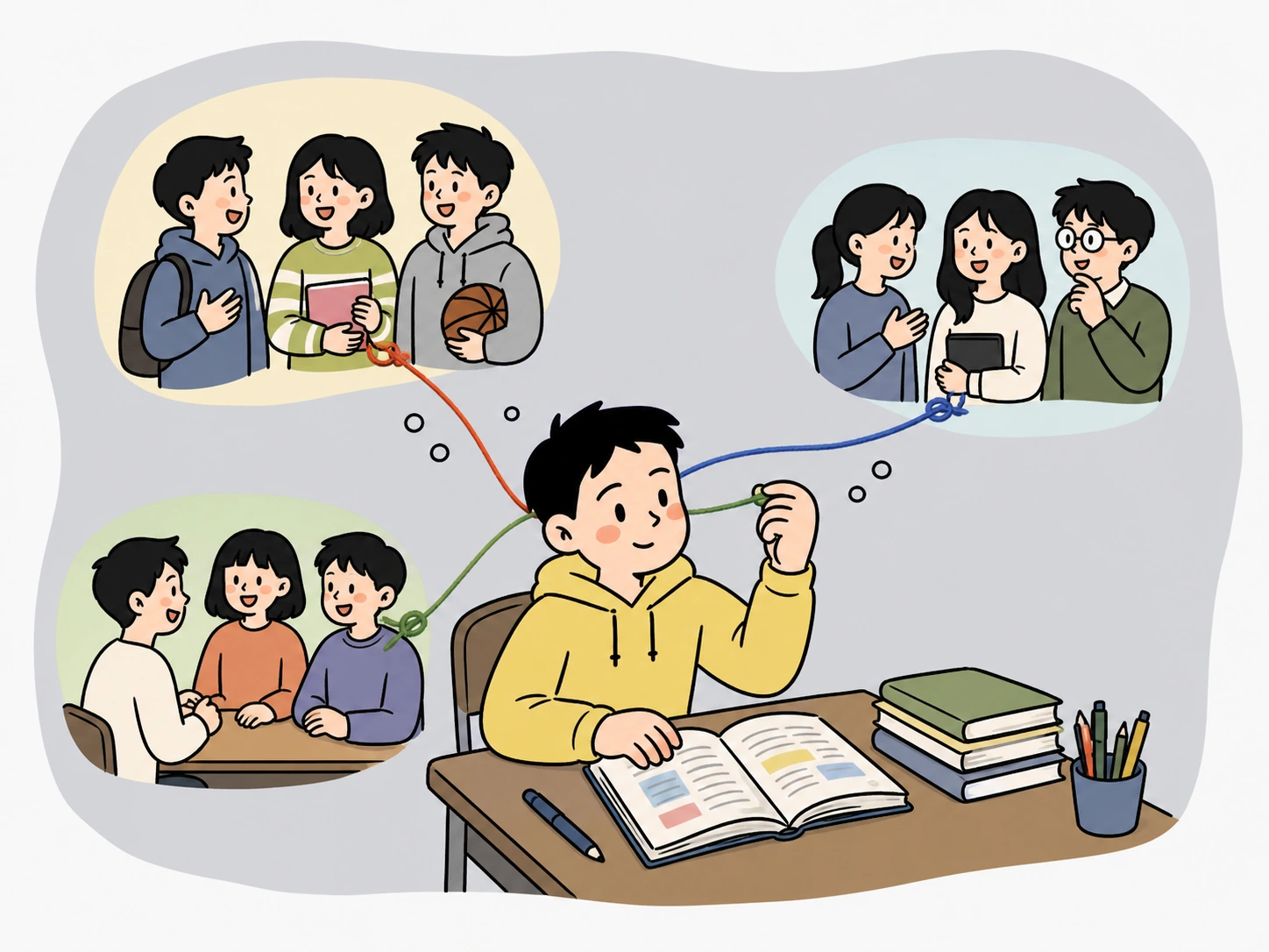 여러 집단을 한 학생이 이어주는 장면처럼, 핵심은 인원 수가 아니라 집단 사이의 다리입니다.