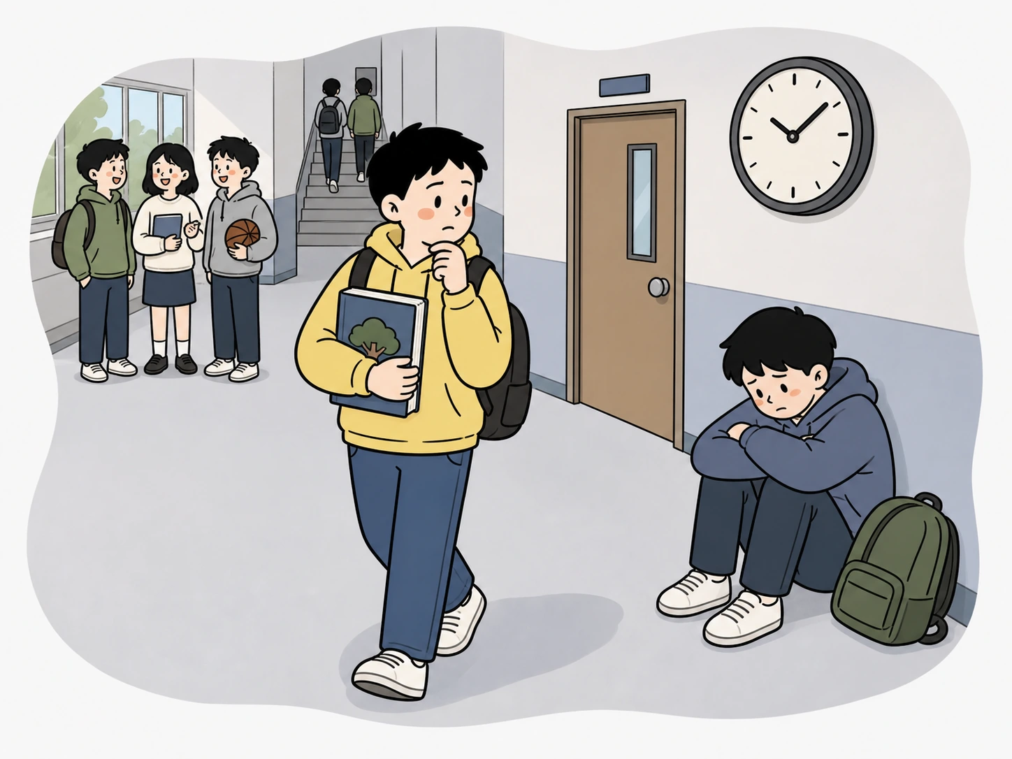 도움을 줄지 약속 시간에 맞춰 갈지 갈림길에서 고민하는 학생의 손그림 장면