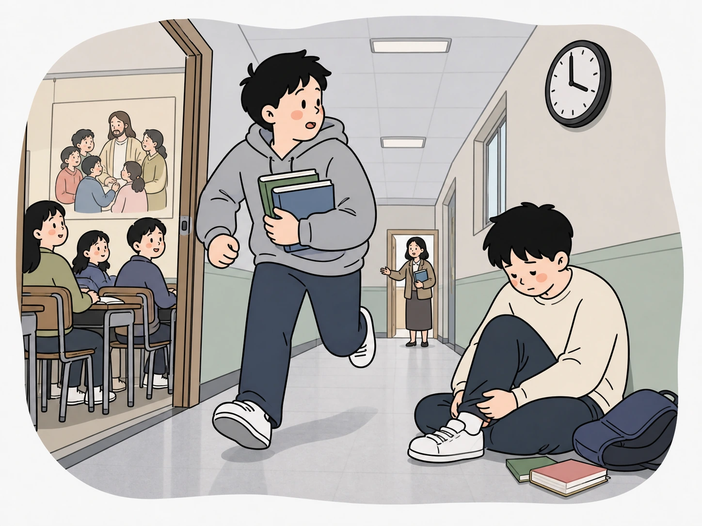 도덕 수업을 마친 학생이 시간에 쫓겨 도움이 필요한 사람 곁을 지나치는 손그림 장면