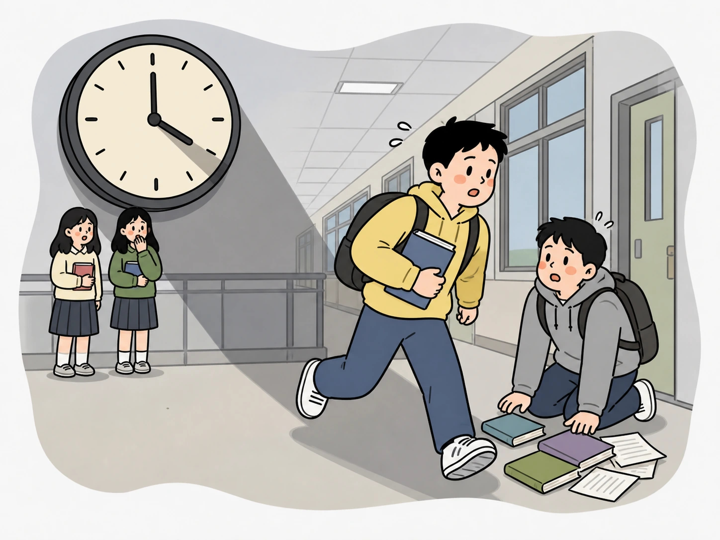 큰 시계의 그림자가 학생의 도움 행동을 밀어내는 손그림 장면