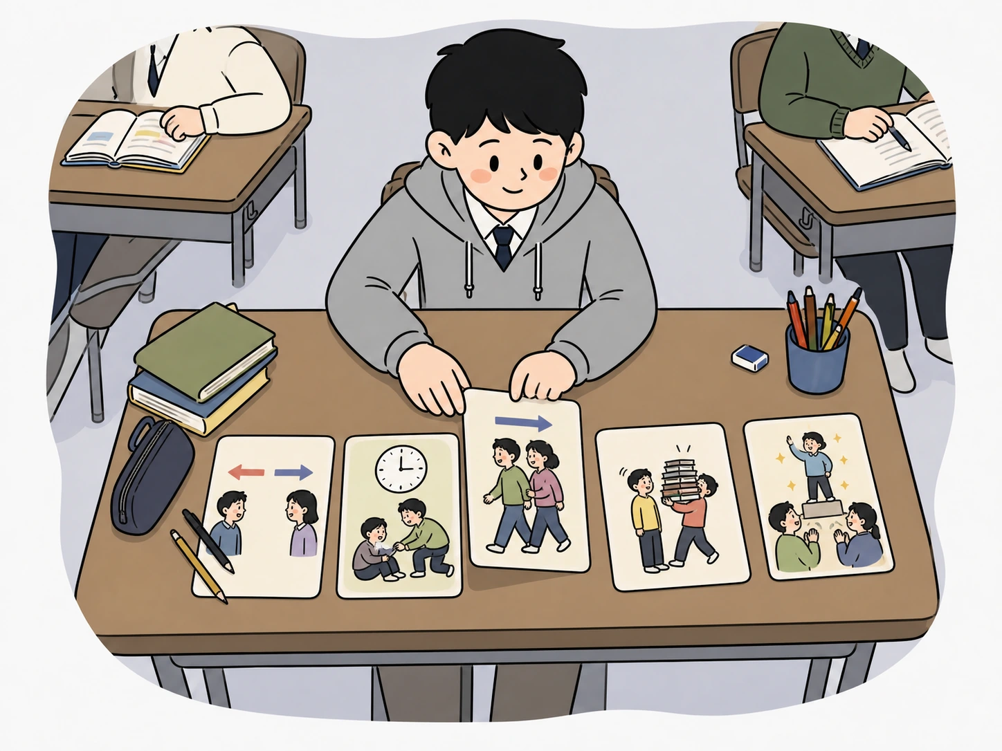 다섯 개의 그림 선택지를 방향별로 분류하는 학생의 손그림 장면