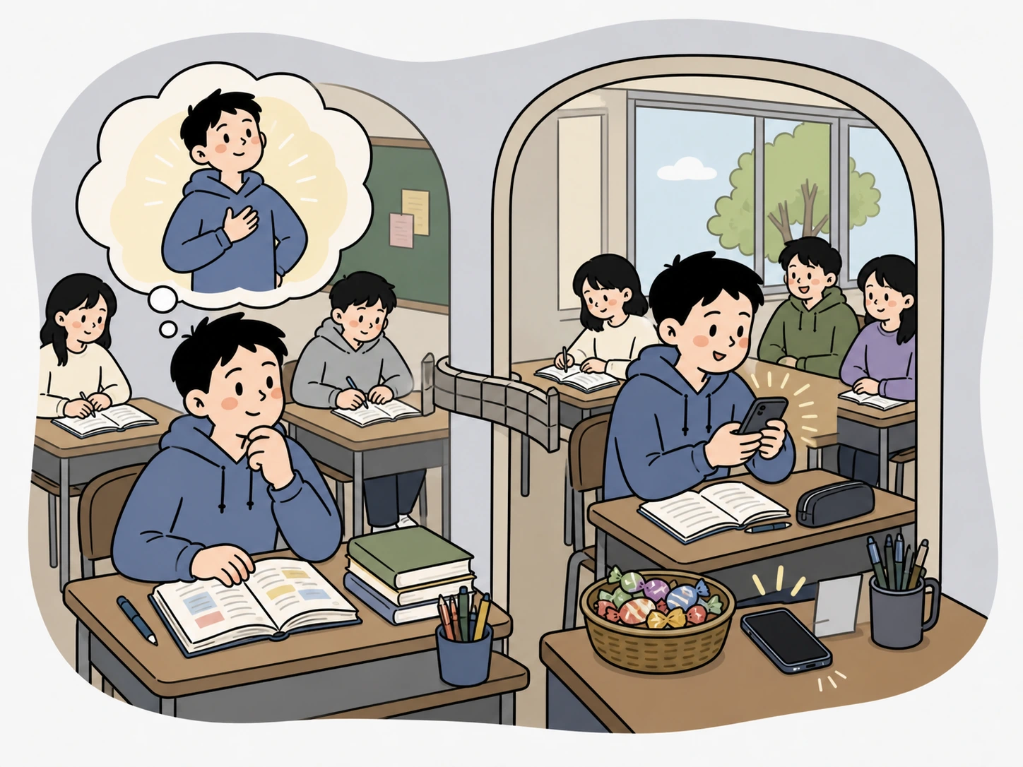 서로 반대되는 두 장면을 하나의 전환점으로 연결하는 손그림 구성