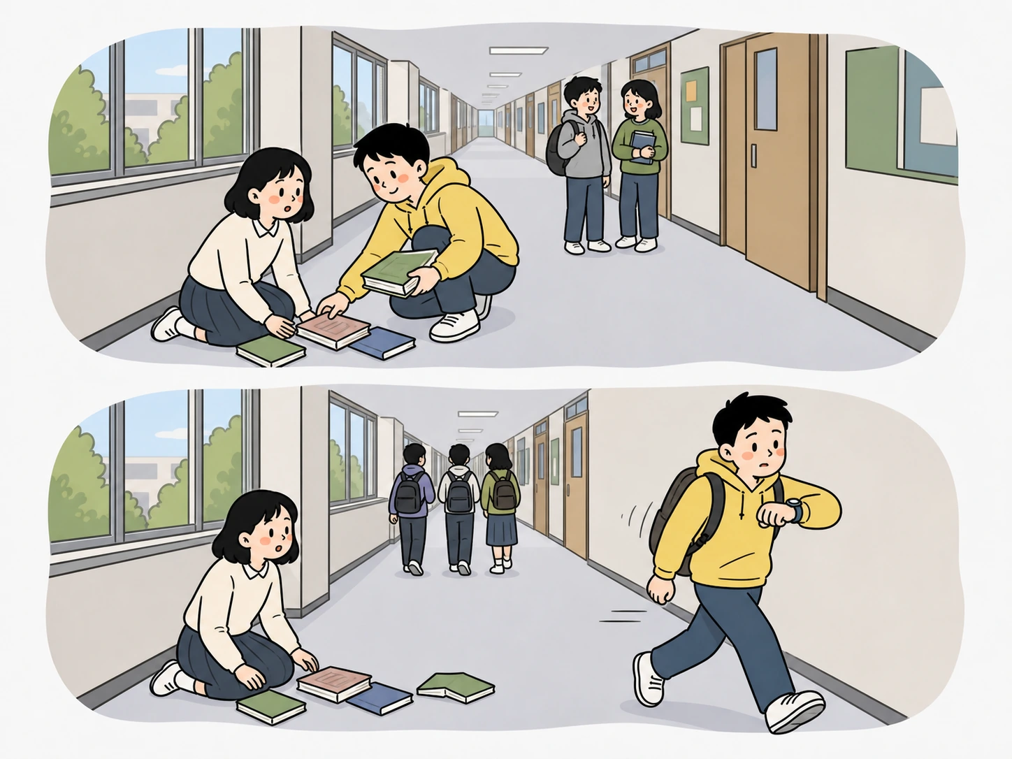 같은 학생이 여유로운 상황에서는 돕고 급한 상황에서는 지나치는 평행 손그림 장면