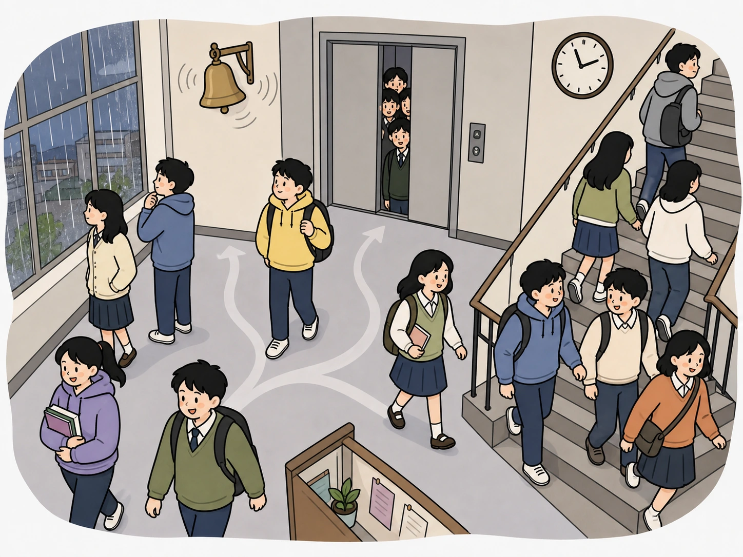 종소리와 시계와 복도 혼잡이 학생들의 선택 경로를 바꾸는 손그림 장면