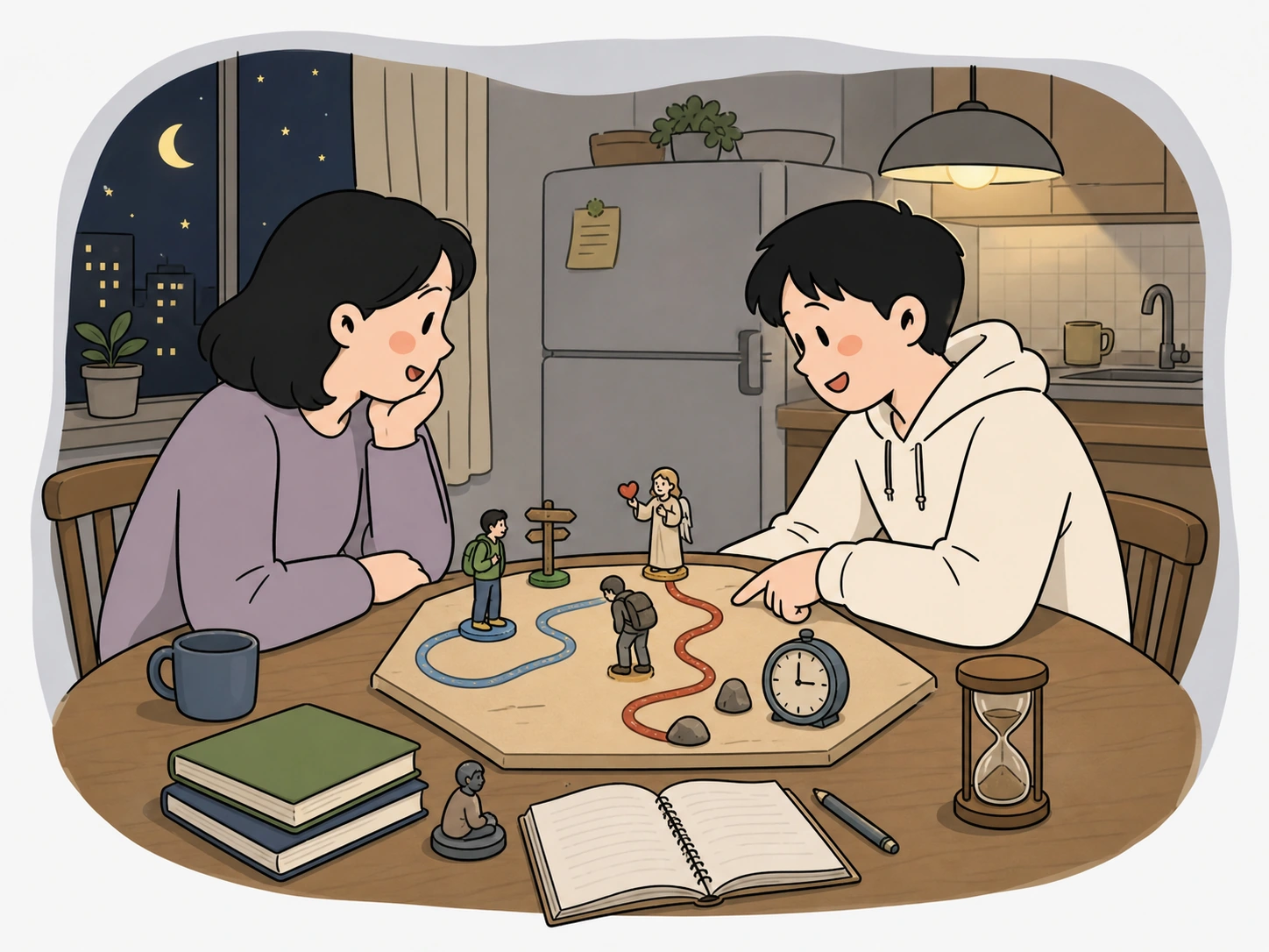 부모와 학생이 인형과 시계로 시간 압박 실험을 설명하는 손그림 장면