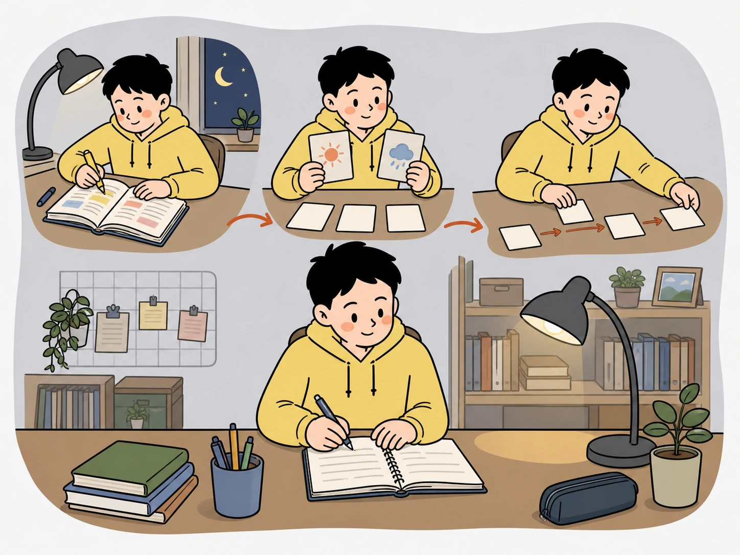 접속 방향과 행동 방향을 카드로 정리하는 20분 복습 손그림 장면