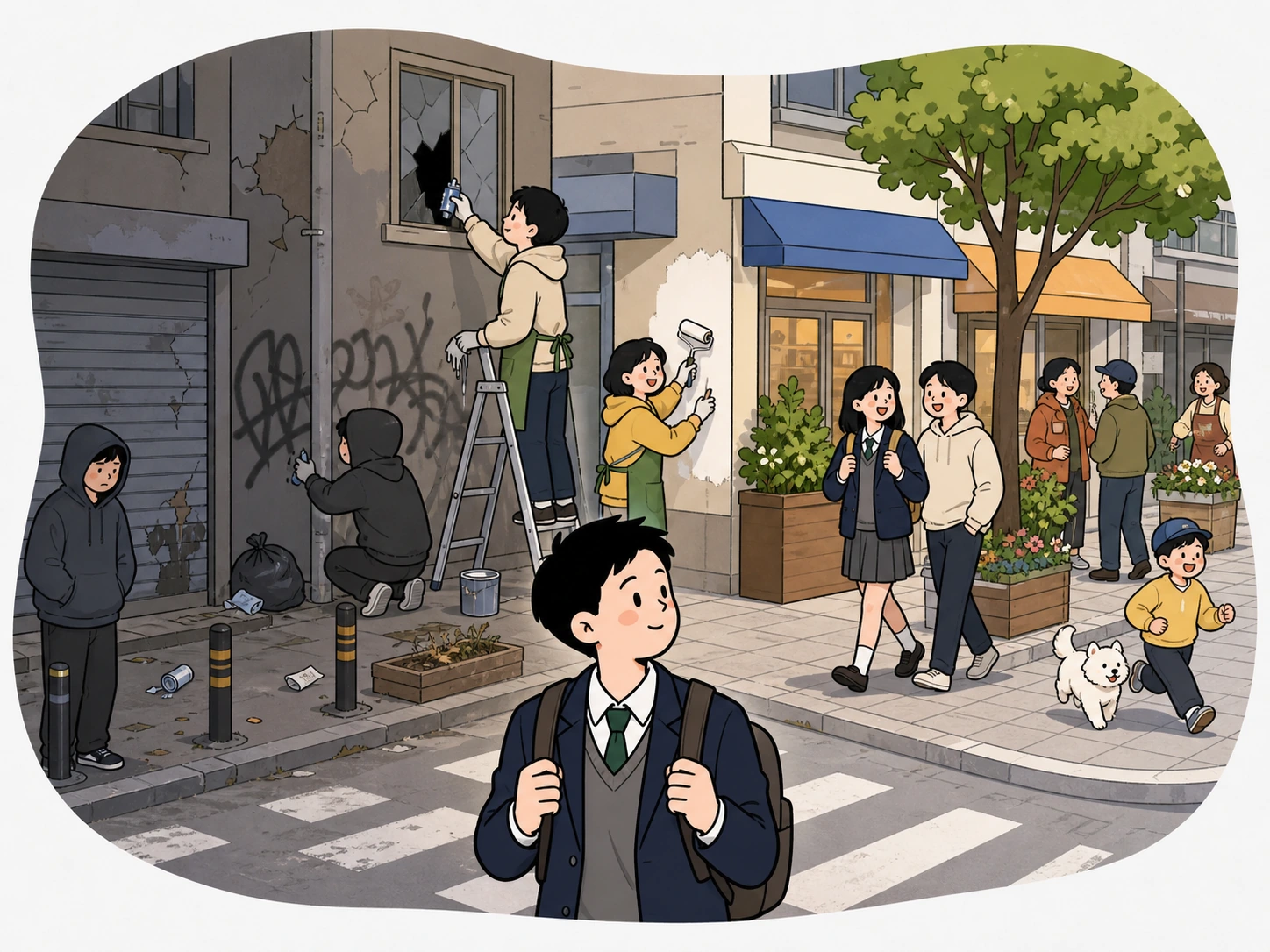 무질서했던 도시가 작은 정비를 거쳐 안전하게 변하는 모습을 관찰하는 학생의 손그림 장면