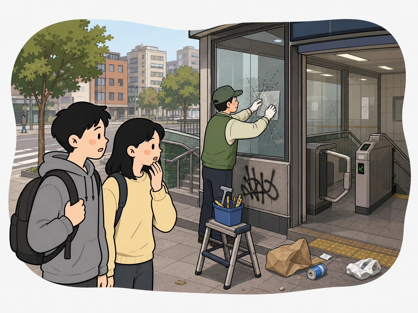 깨진 창문과 낙서와 쓰레기 같은 작은 무질서의 단서를 발견하는 학생들의 손그림 장면