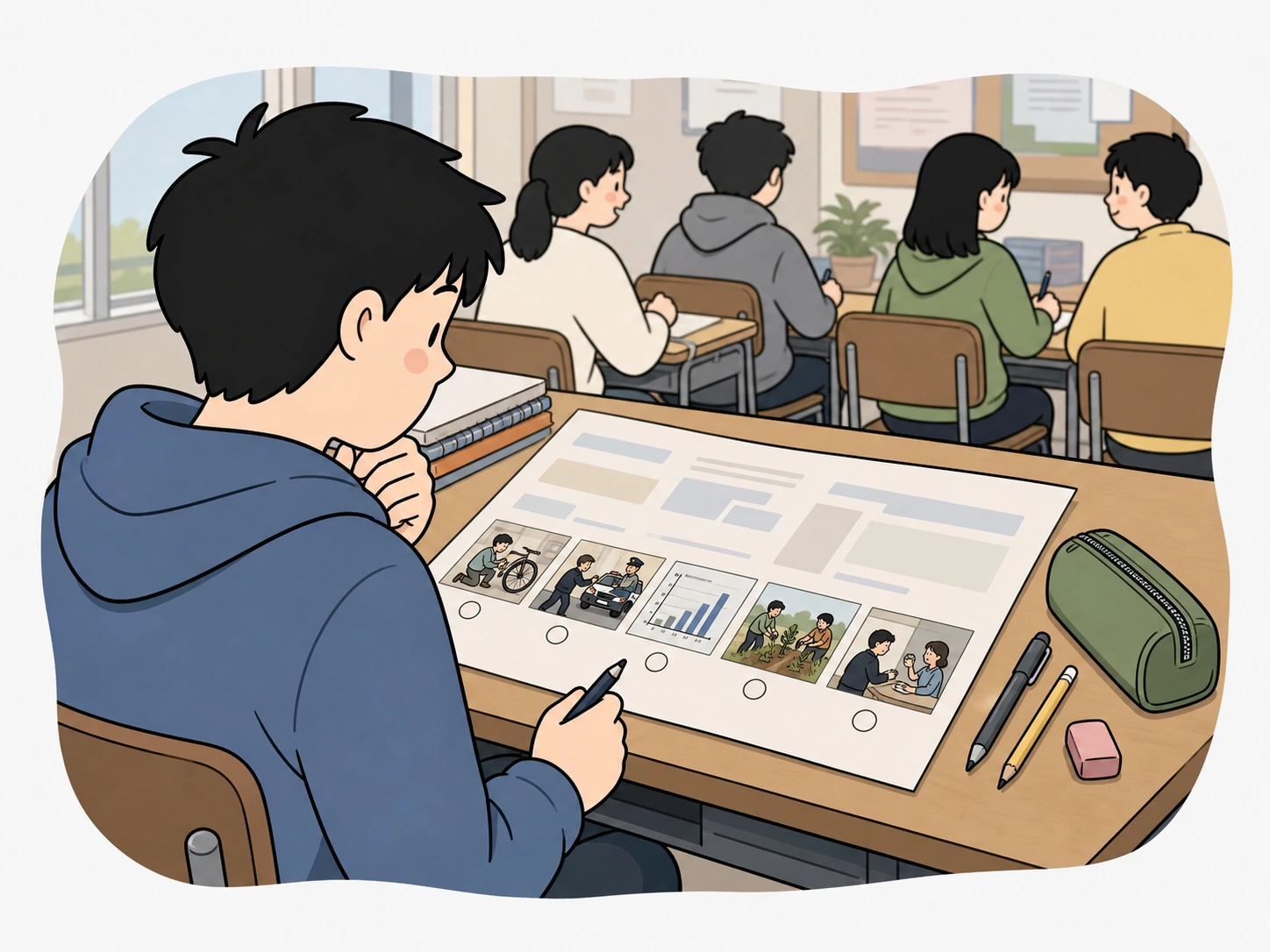 교실에서 다섯 개의 그림 선택지를 비교하며 제목의 범위를 판정하는 학생의 손그림 장면