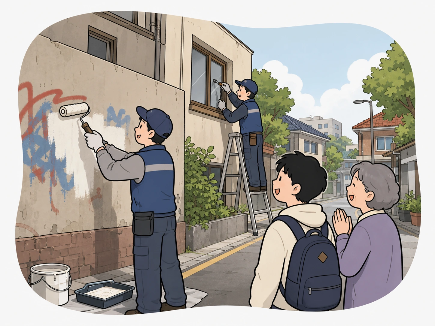 거리에서 낙서를 지우고 깨진 창문을 수리하는 사람들과 이를 지켜보는 학생의 손그림 장면