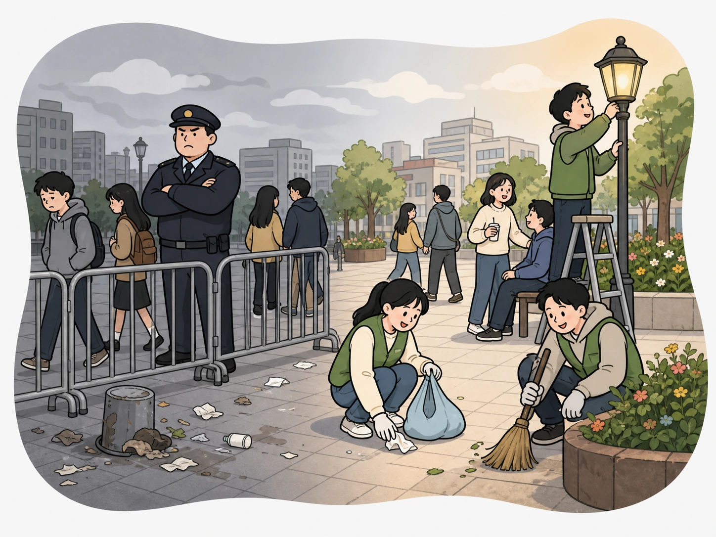 강한 장벽보다 작은 환경 정비가 광장의 분위기를 바꾸는 대조 손그림 장면