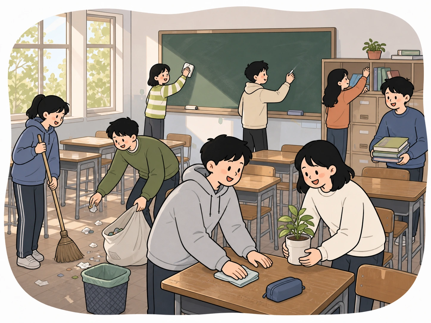 어수선했던 교실을 학생들이 정돈한 뒤 협력적인 분위기로 바뀌는 손그림 장면