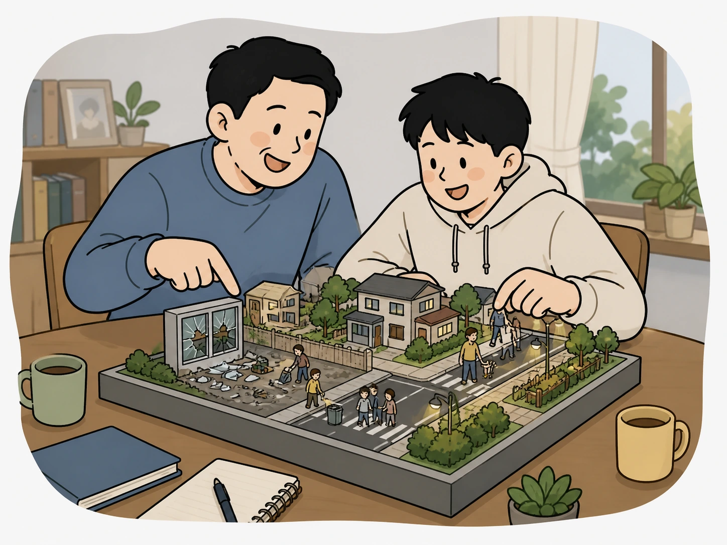부모와 학생이 작은 도시 모형으로 환경 신호와 행동 변화를 설명하는 손그림 장면