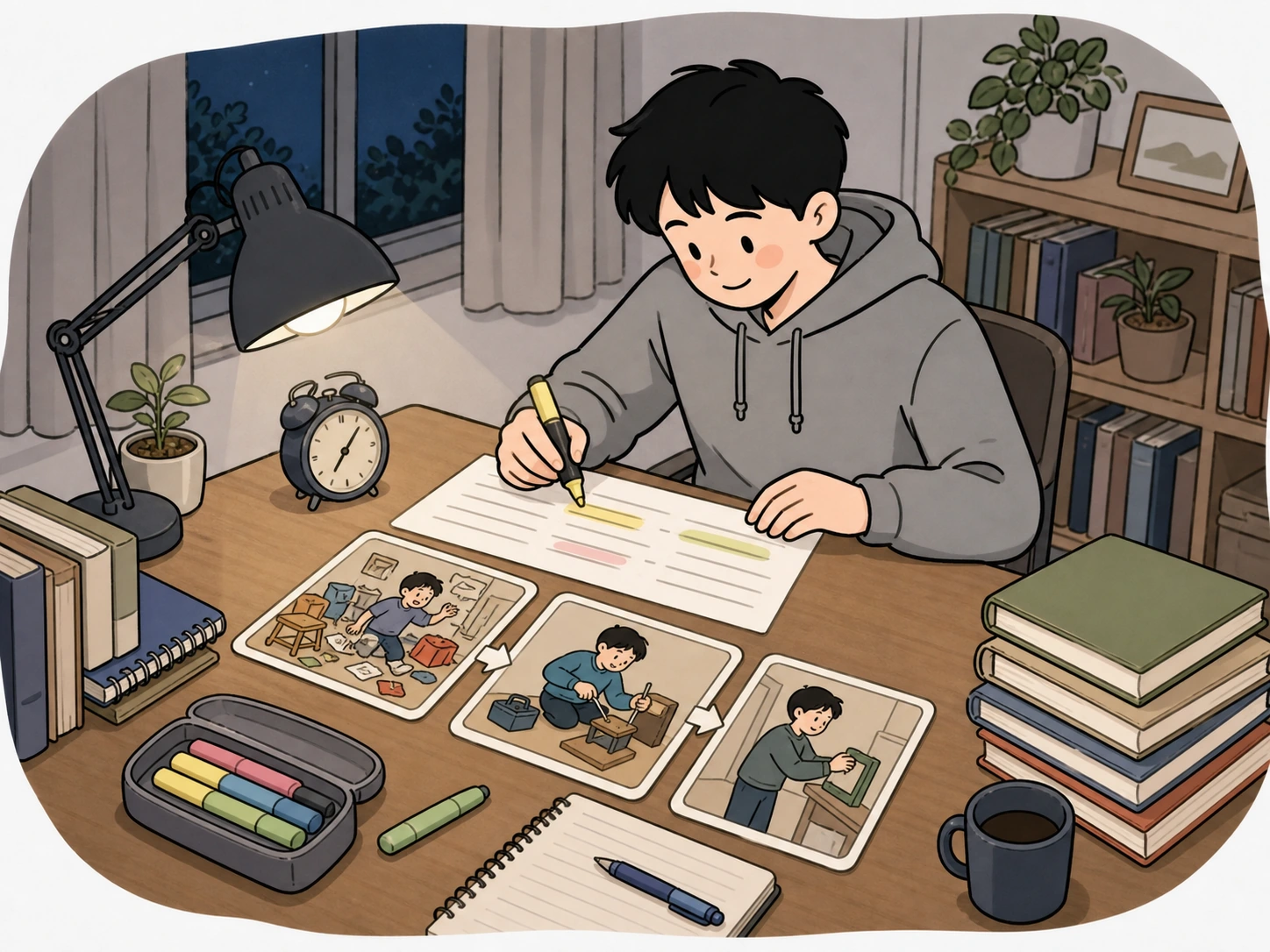 무질서와 작은 정비와 안전한 행동의 세 장면 카드로 복습하는 학생의 손그림 장면