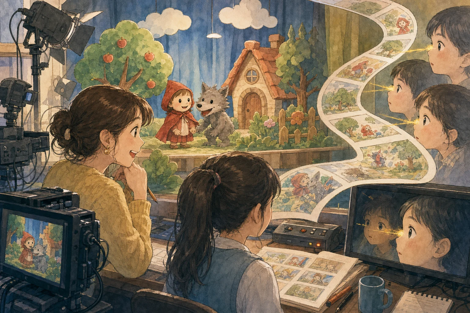 이야기 무대와 어린이의 집중이 하나의 필름처럼 연결되는 제작실 손그림 장면