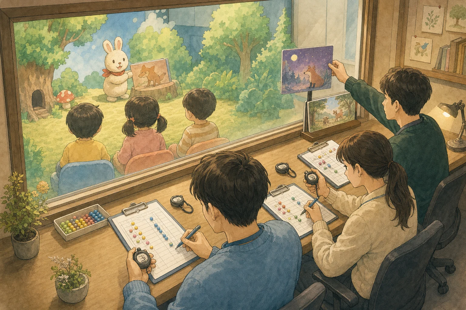 어린이의 시선 변화를 관찰하고 장면을 교체하는 비식별 실험실 손그림 사진박스