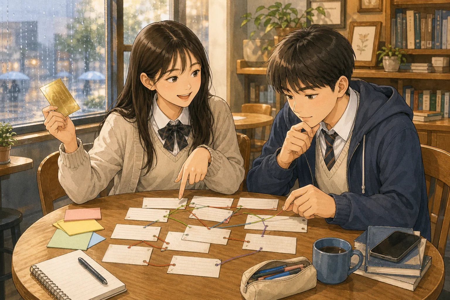 친구와 문장 카드를 원인 방법 수정 결과로 재배열하는 과천외고 영어 복습 손그림 장면