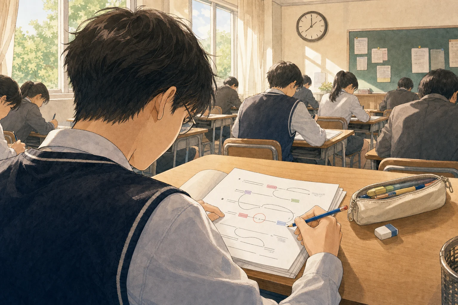 시험장에서 문장 흐름의 끊어진 지점을 표시하는 과천외고 학생의 손그림 장면