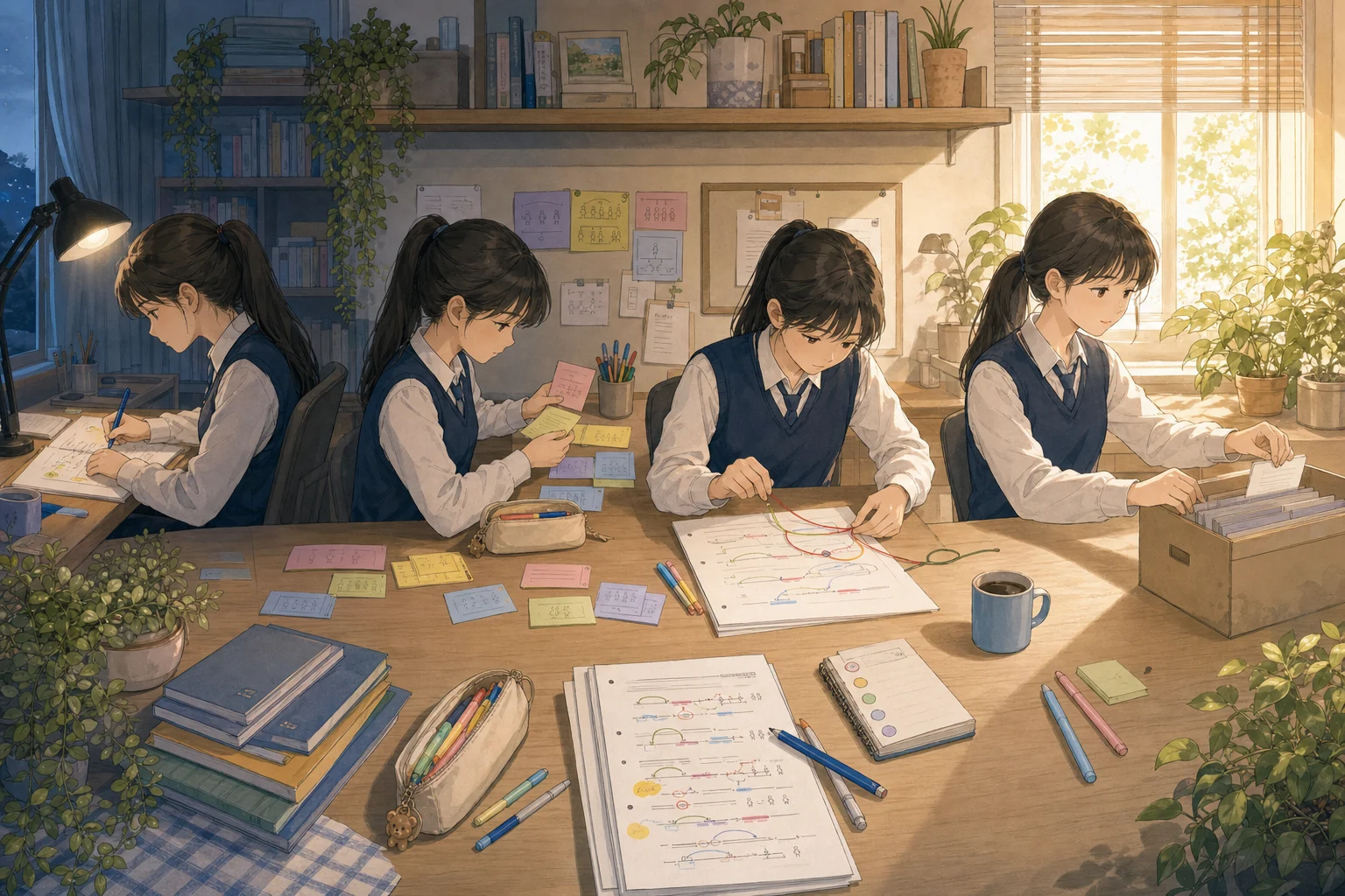 새벽부터 아침까지 문장 배열과 흐름 표시와 오답 기록을 마치는 학생의 손그림 장면