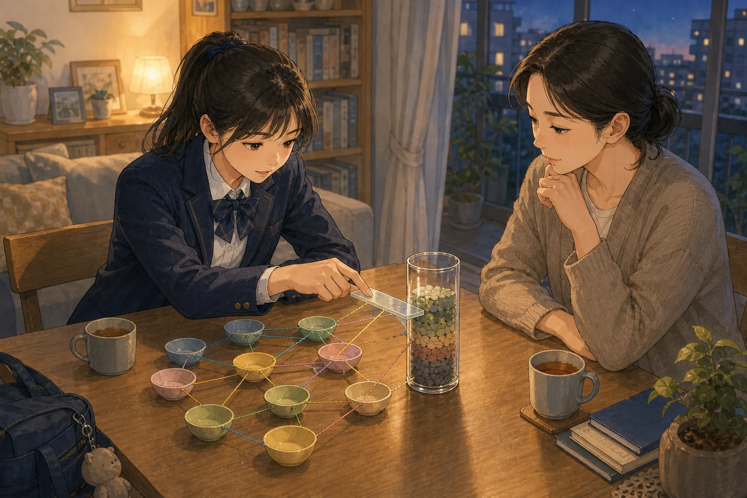 여러 얕은 그릇과 하나의 깊은 유리병으로 문장 삽입 논리를 설명하는 학생과 학부모의 따뜻한 손그림 장면