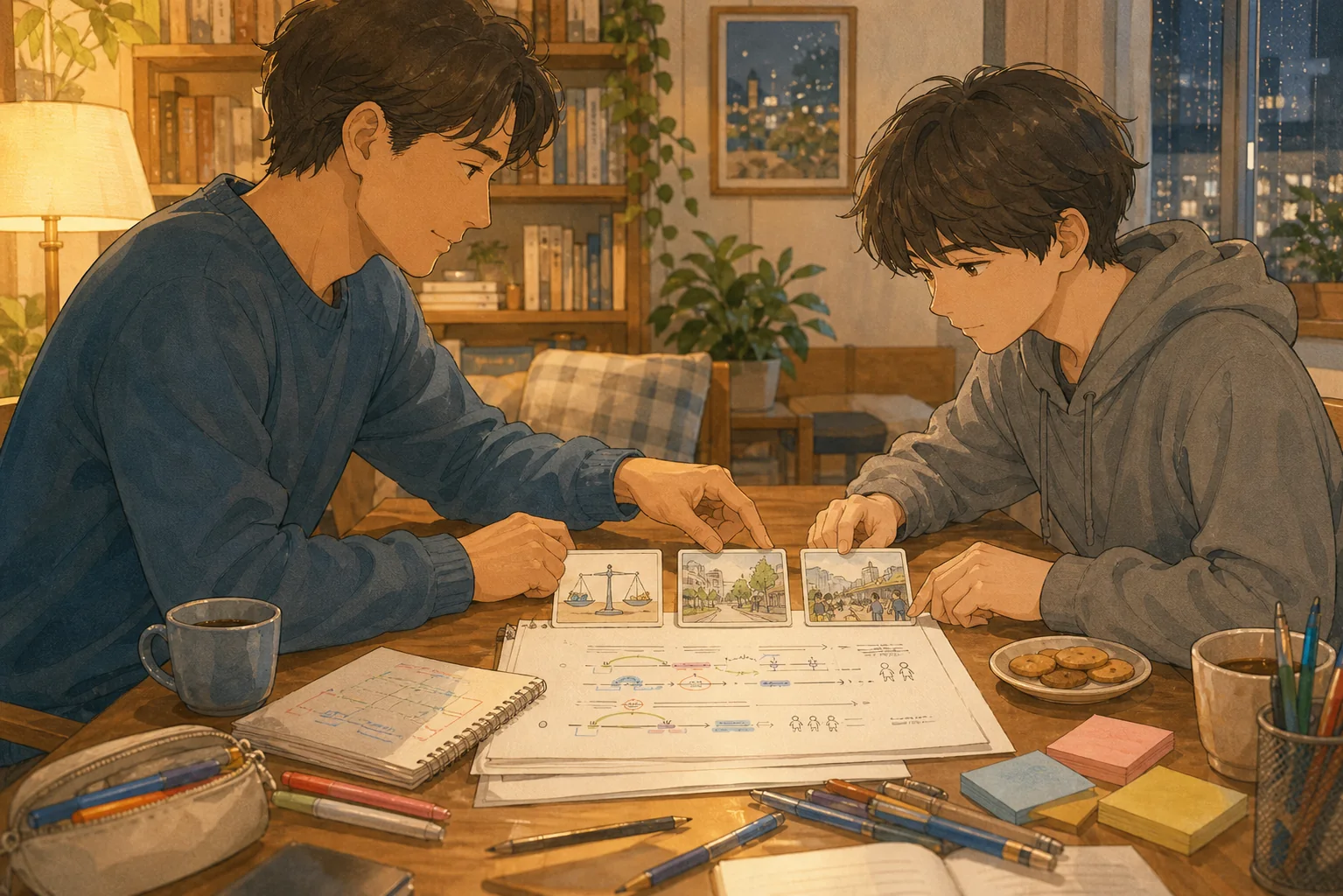 가정의 식탁에서 원리와 사례와 결론 장면 카드를 함께 배열하는 학생과 학부모의 따뜻한 손그림 장면