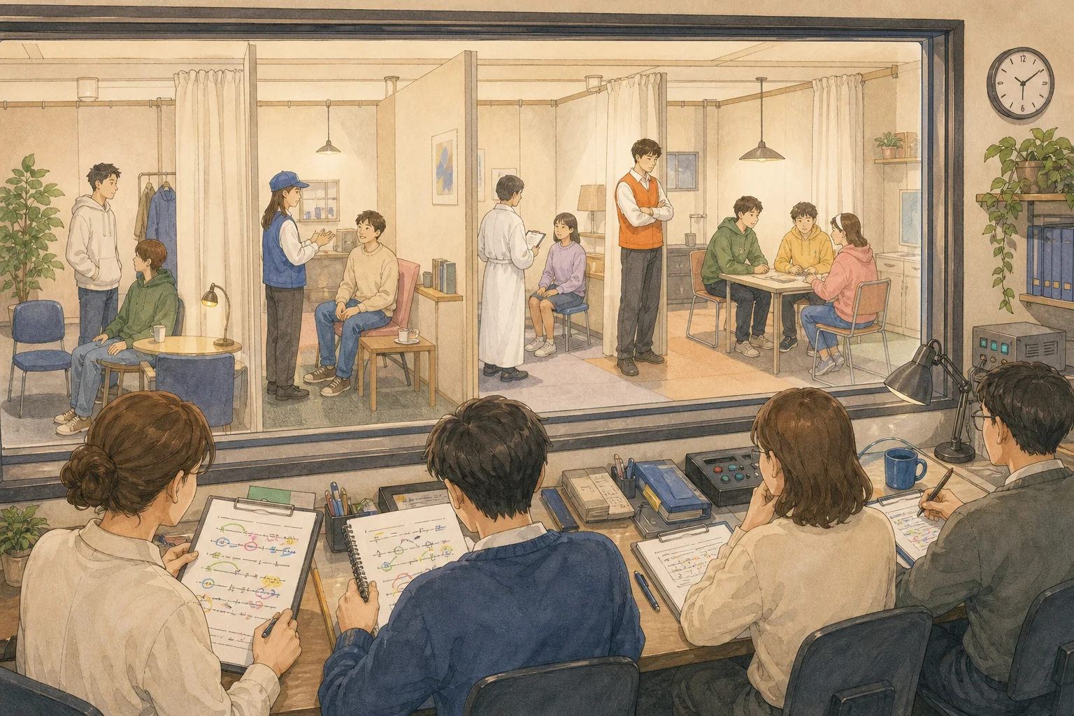 관찰실에서 서로 다른 역할과 공간에 배치된 평범한 참가자들의 행동을 기록하는 손그림 장면