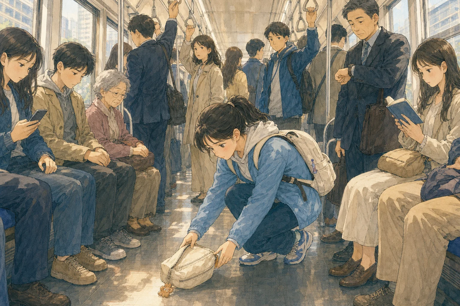 혼잡한 지하철에서 주변 압력에 따라 행동이 달라지는 평범한 사람들을 보여주는 수채화 손그림 장면