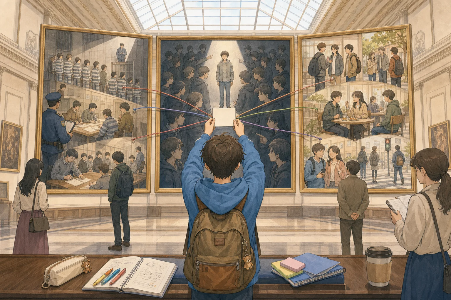 여러 실험과 일상 장면의 공통 의미를 한 장의 요약 카드로 모으는 학생의 미술관 손그림 장면