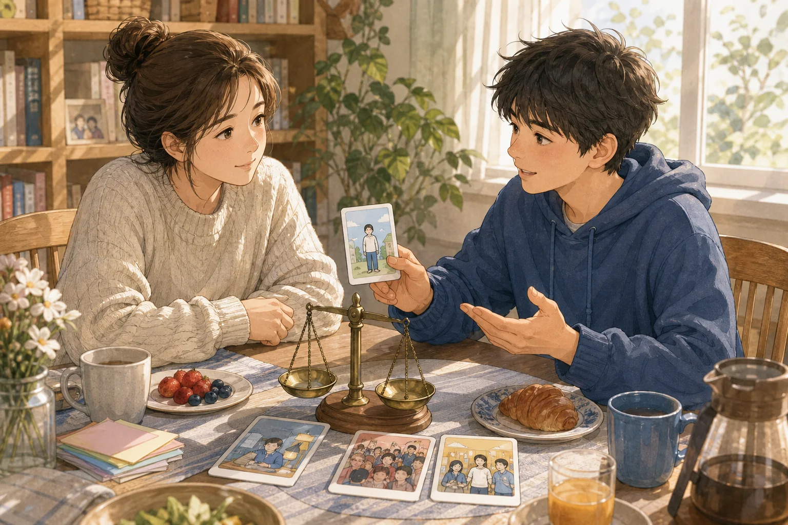 가정의 식탁에서 같은 사람과 서로 다른 상황 카드를 비교하며 설명하는 학생과 학부모의 따뜻한 손그림 장면