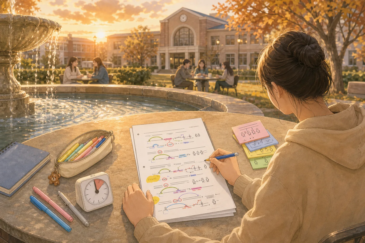 해 질 무렵 학교 뜰에서 상황과 행동과 결론을 색으로 연결하며 요지 복습을 마치는 학생의 손그림 장면