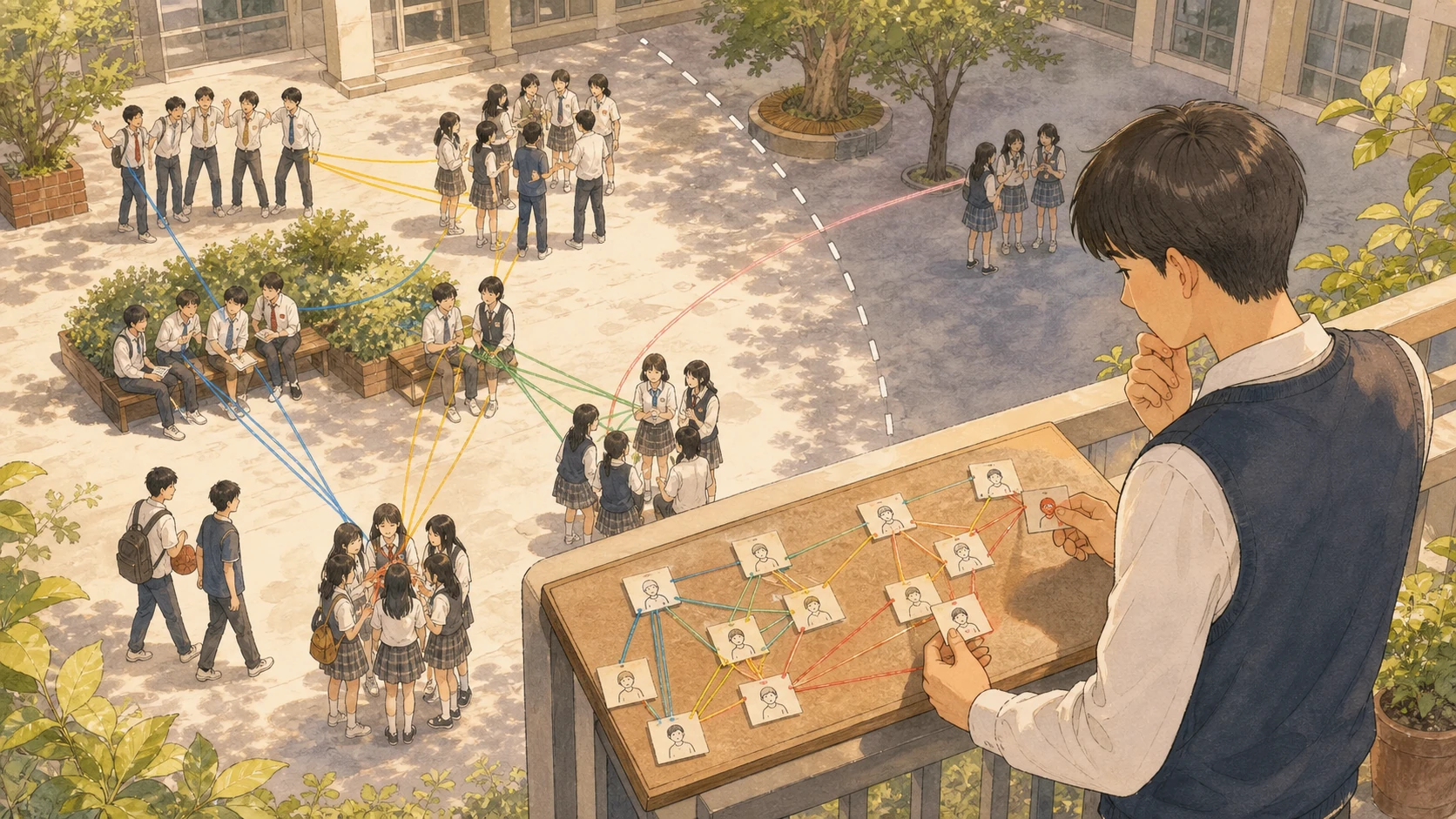 과천외고 교정의 여러 학생 집단과 사회적 연결망을 높은 곳에서 관찰하는 학생의 정교한 수채화 손그림