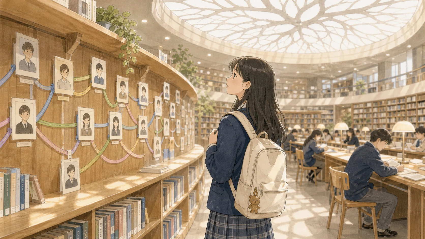 학교 도서관에서 가까운 인물 연결은 선명하고 멀어질수록 희미해지는 관계망을 바라보는 학생의 손그림