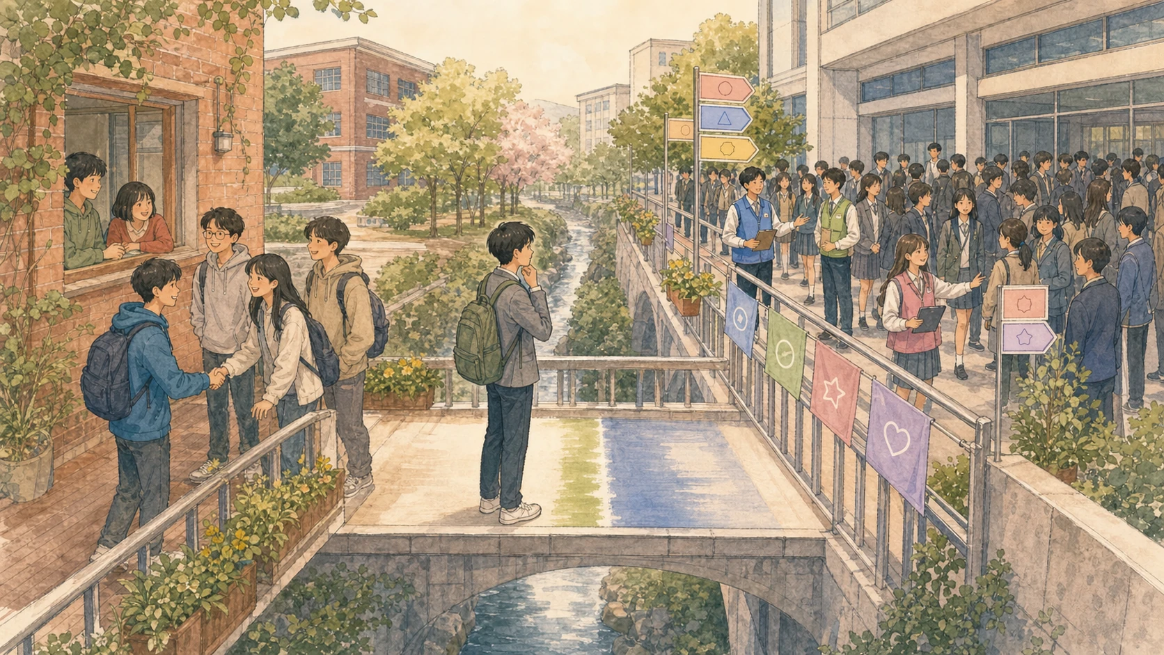 친밀한 소집단과 색상 배지와 운영표로 움직이는 대집단 사이 경계 다리를 바라보는 학생의 손그림