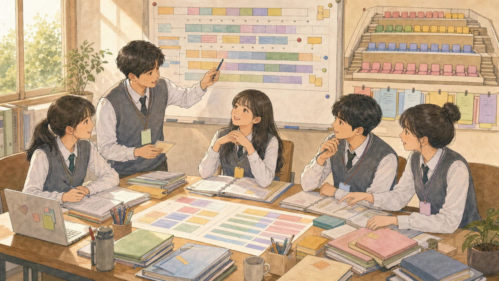 학생회실에서 일정표와 역할 배지와 책임 구조로 대규모 행사를 함께 조직하는 학생들의 손그림