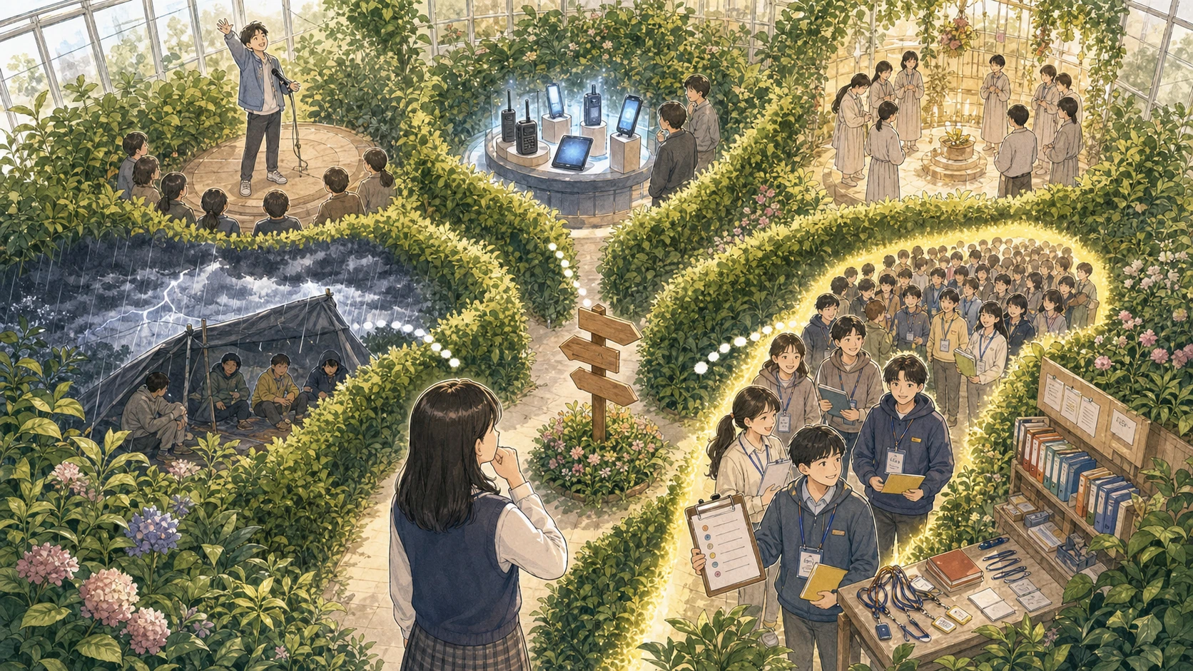 연설가와 통신기기와 의식과 위협과 제도적 운영의 다섯 길 중 근거가 맞는 길을 고르는 학생의 온실 손그림