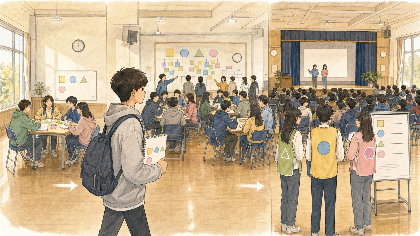 작은 학습모임에서 중간 규모 활동과 대규모 집회로 커지며 운영 방식이 바뀌는 교실의 연속 손그림