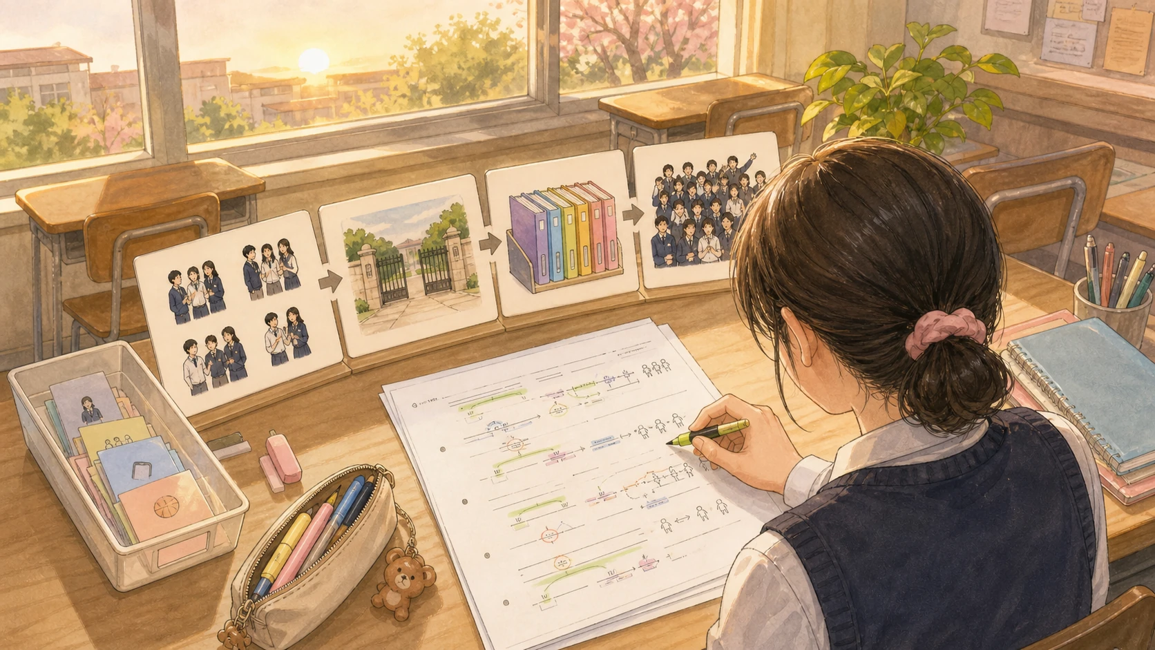 아침 교실에서 집단 사례와 경계와 제도와 응집력의 네 장면 카드를 연결하며 복습하는 학생의 손그림