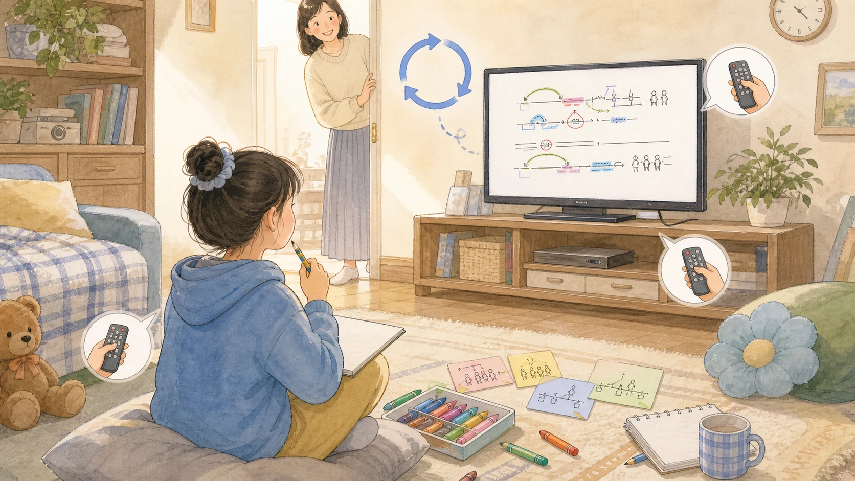 같은 교육 영상을 다시 보며 다음 장면을 예상하는 학생과 이를 지켜보는 학부모의 정교한 수채화 손그림